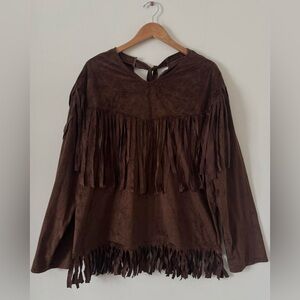 Brown Faux Suede Fringe Western Top - Size L/XL